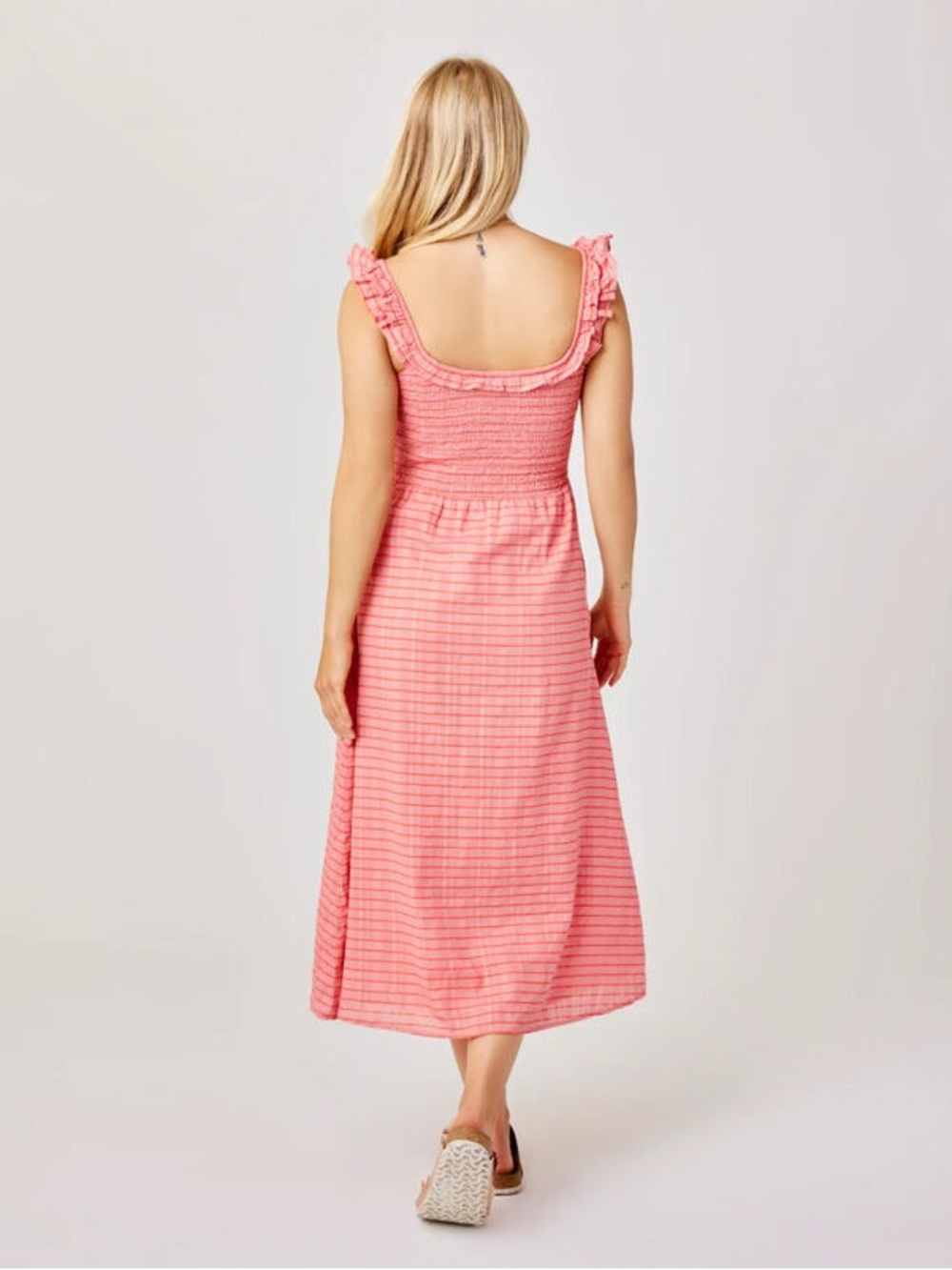Carve Designs Indie Dress Coral Striped Smocked Midi Dress - Picture 2 of 7
